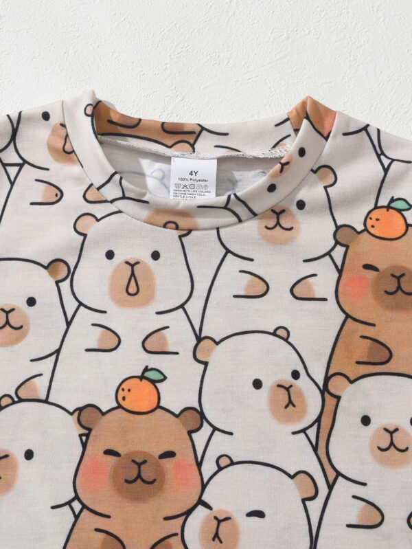 Girls Summer Fashion Capibara Cartoon Pattern T-shirt + Flared Pants Set - Image 9