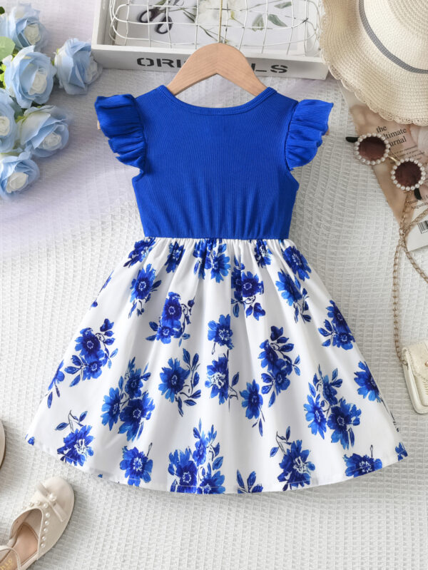 Summer girls casual small flying sleeves sleeveless random fashion print dress round neck waist comfortable transparent ruffles - Image 2