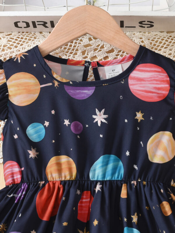 Summer Girls&apos; Small Flying Sleeve Waist Round Tie Planet Star Random Printing Pattern Casual Ruffle Dress - Image 3