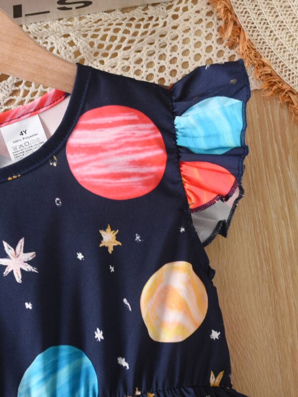 Summer Girls&apos; Small Flying Sleeve Waist Round Tie Planet Star Random Printing Pattern Casual Ruffle Dress - Image 4