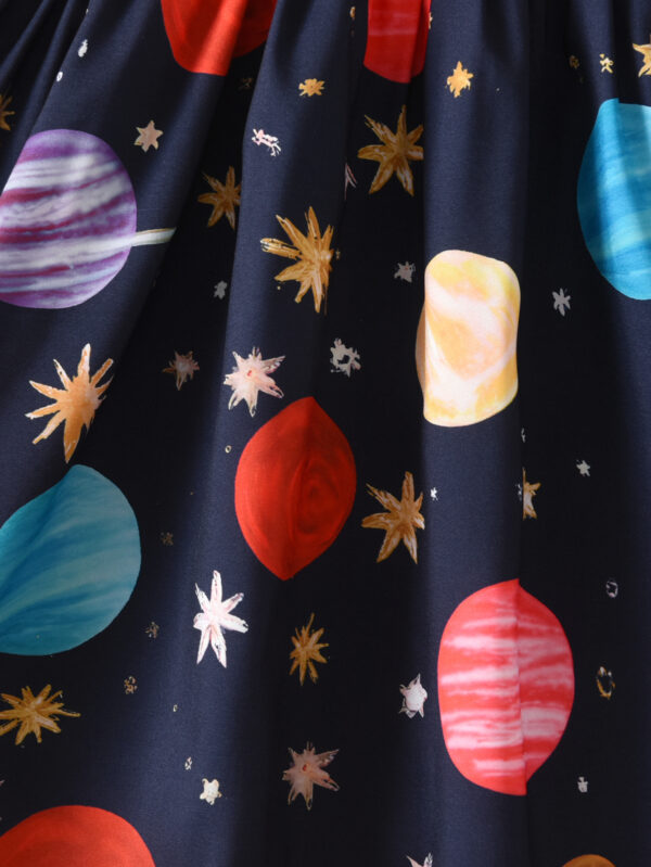 Summer Girls&apos; Small Flying Sleeve Waist Round Tie Planet Star Random Printing Pattern Casual Ruffle Dress - Image 6