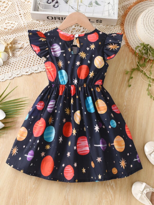 Summer Girls&apos; Small Flying Sleeve Waist Round Tie Planet Star Random Printing Pattern Casual Ruffle Dress - Image 2