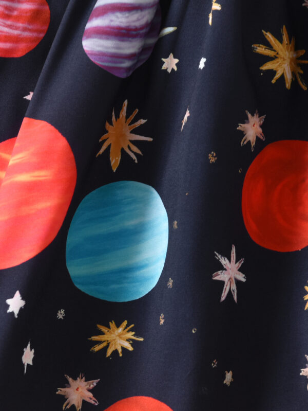 Summer Girls&apos; Small Flying Sleeve Waist Round Tie Planet Star Random Printing Pattern Casual Ruffle Dress - Image 7