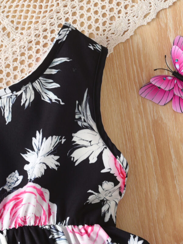 Girls One Shoulder Random Large Print Pattern Dress Waist Ruffle Print Pattern Casual Dress - Image 3