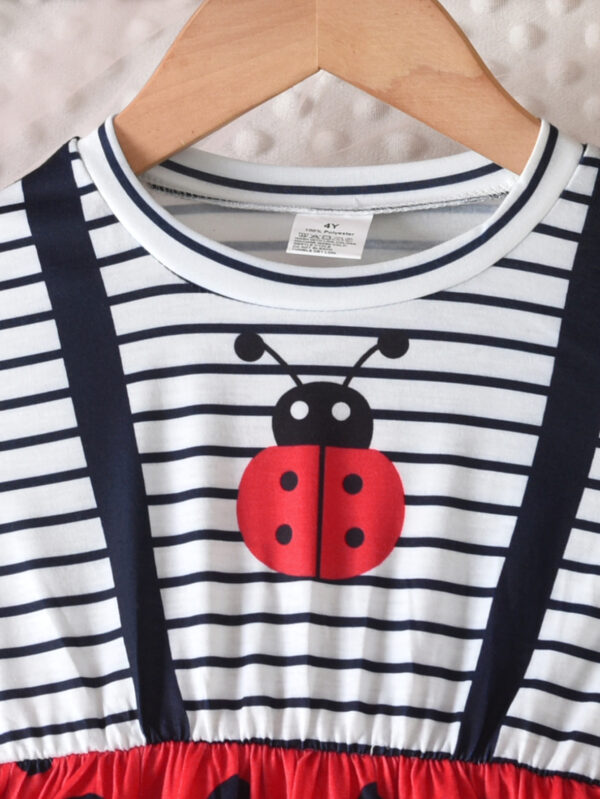 Girls summer trendy striped stitching custom printed pattern short-sleeved ruffled seven-star ladybug spot dress - Image 3