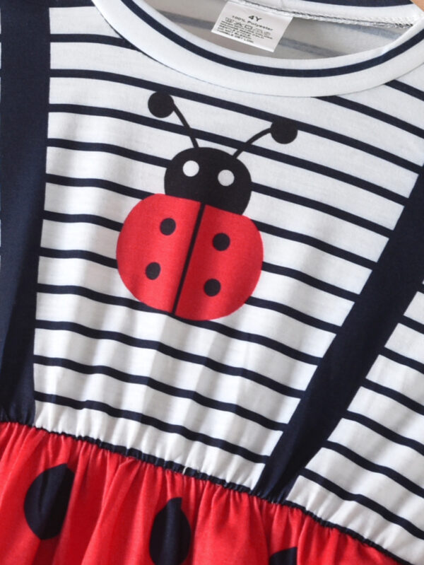 Girls summer trendy striped stitching custom printed pattern short-sleeved ruffled seven-star ladybug spot dress - Image 4