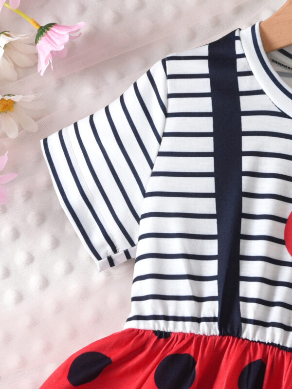 Girls summer trendy striped stitching custom printed pattern short-sleeved ruffled seven-star ladybug spot dress - Image 5