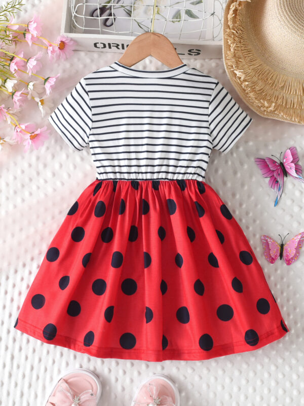 Girls summer trendy striped stitching custom printed pattern short-sleeved ruffled seven-star ladybug spot dress - Image 2
