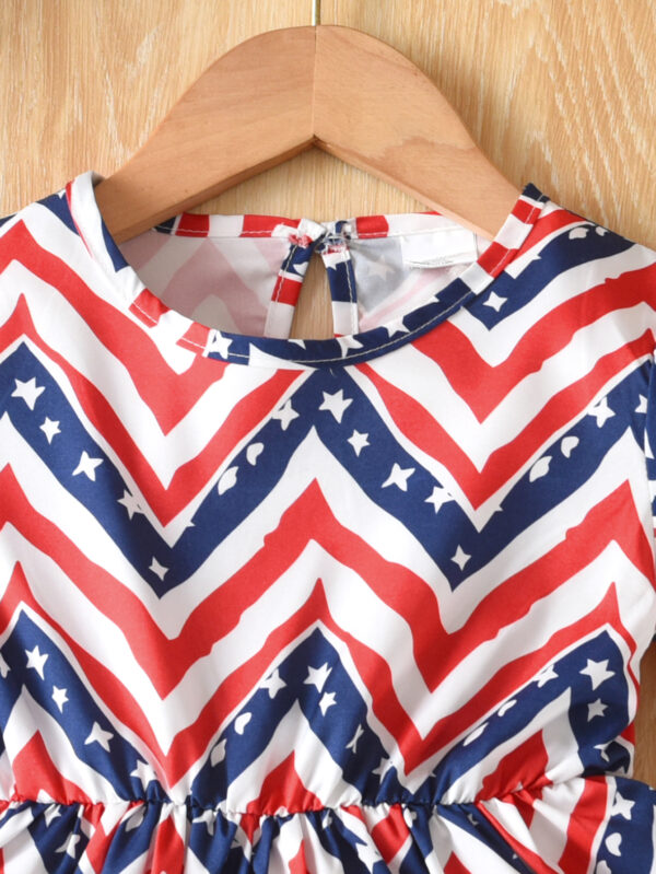 Girls summer contrast striped star pattern round neck short sleeve waist ruffle one-piece casual dress - Image 3