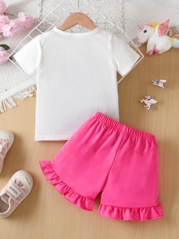Girls Summer Trend Unicorn Print Pattern Suit Round Neck Short Sleeve + Pink Shorts Suit - Image 4