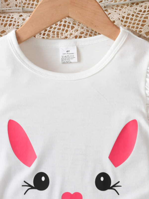 Summer Girls&apos; Flying Sleeve Top with Rabbit Cartoon Print + Random Print Trendy Pants Set - - Image 3