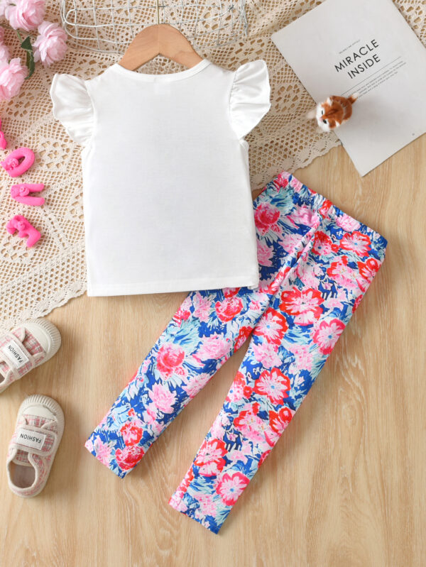 Summer Girls&apos; Flying Sleeve Top with Rabbit Cartoon Print + Random Print Trendy Pants Set - - Image 2