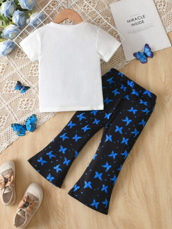 Girls summer white T-shirt with cartoon butterfly pattern + random butterfly light casual trousers set - Image 2