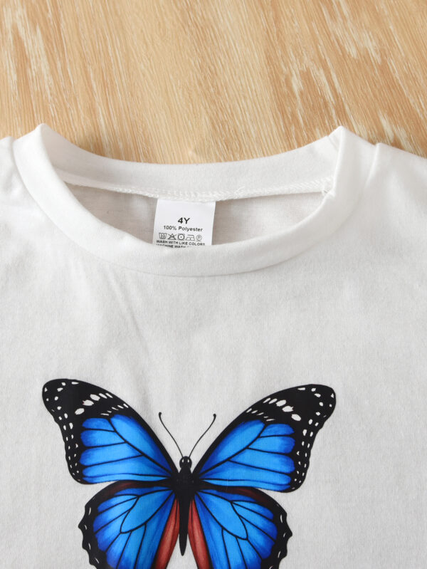 Girls summer white T-shirt with cartoon butterfly pattern + random butterfly light casual trousers set - Image 3