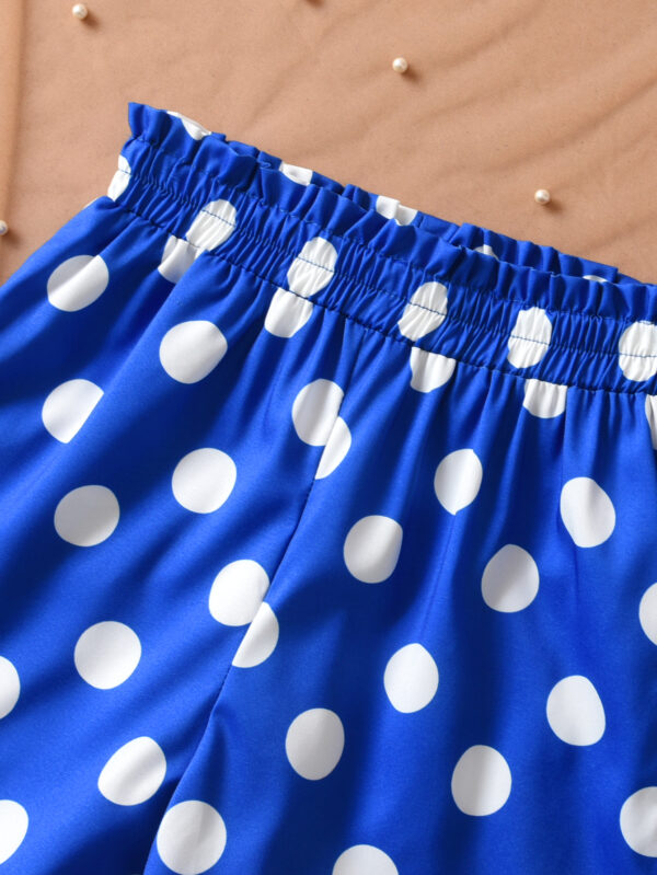 Girls Summer Bow Top Set Lotus Sleeve Trendy Small Flying Sleeve Top + Polka Dot Shorts Two-piece Set - Image 6