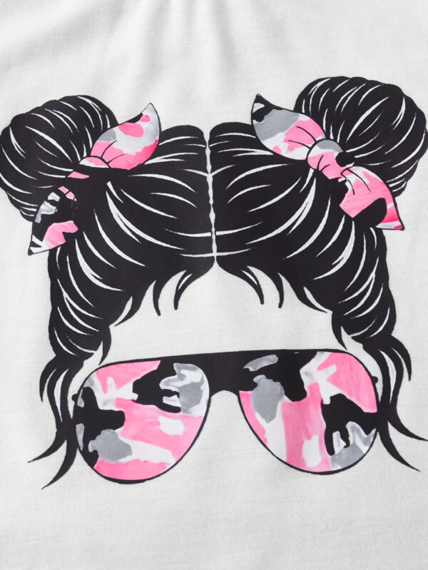 Girls Summer Fashion Set Round Neck Short Sleeve White T-shirt with Positioning Cartoon Pattern + Tie-Dye Pants Set - Image 4
