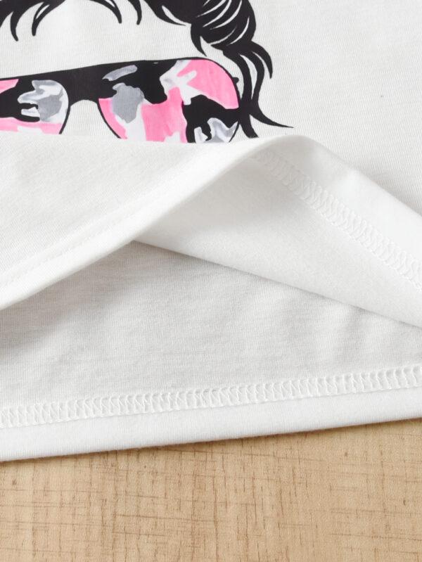 Girls Summer Fashion Set Round Neck Short Sleeve White T-shirt with Positioning Cartoon Pattern + Tie-Dye Pants Set - Image 5