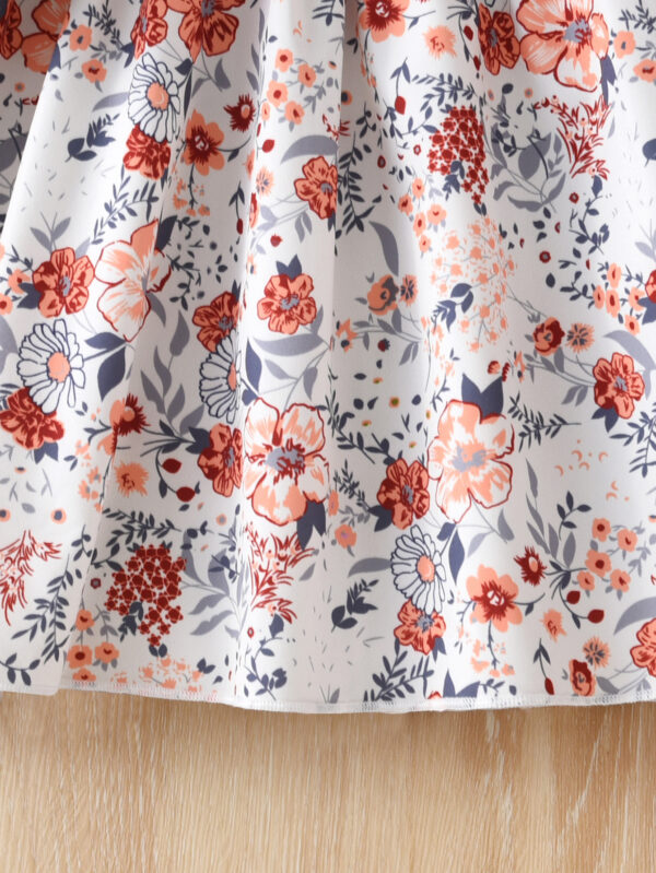 Girls&apos; Autumn Floral Dress Long Sleeve Knitted Spliced Top Waist Bow Retro Princess Style Dress - Image 7
