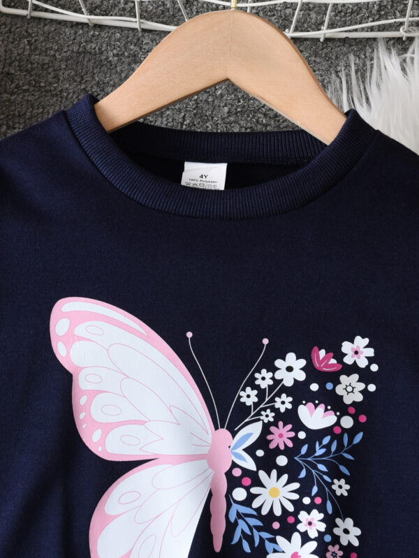 Girls Autumn Fashion Flower Print Butterfly Pattern Round Neck Top + Flower Print Leggings Set - Image 3