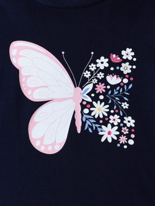 Girls Autumn Fashion Flower Print Butterfly Pattern Round Neck Top + Flower Print Leggings Set - Image 4