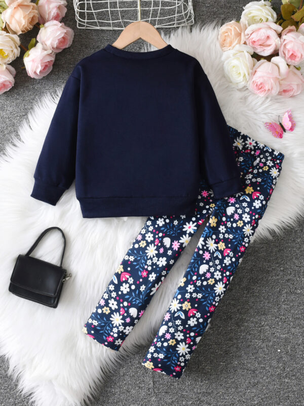 Girls Autumn Fashion Flower Print Butterfly Pattern Round Neck Top + Flower Print Leggings Set - Image 2