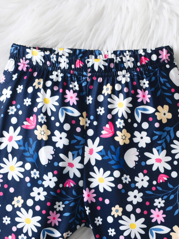 Girls Autumn Fashion Flower Print Butterfly Pattern Round Neck Top + Flower Print Leggings Set - Image 7