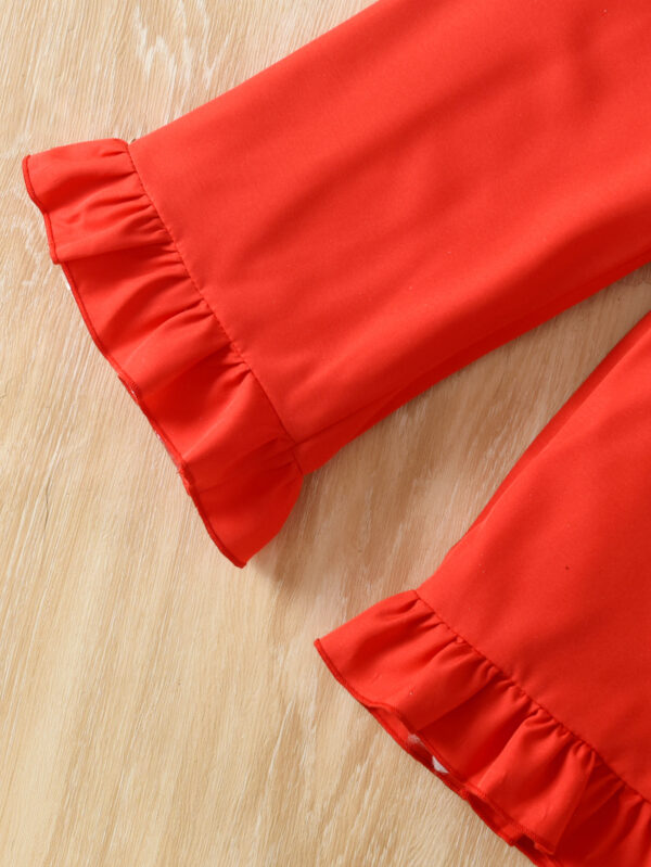 Girls summer short-sleeved T-shirt with girl pattern + red wide pants with ruffles decoration, comfortable and fashionable - Image 9