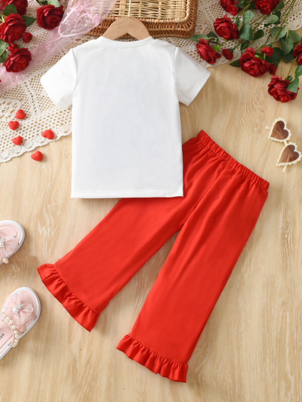 Girls summer short-sleeved T-shirt with girl pattern + red wide pants with ruffles decoration, comfortable and fashionable - Image 2