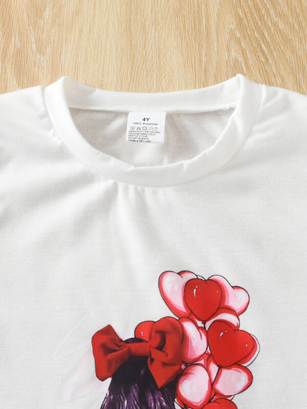 Girls summer short-sleeved T-shirt with girl pattern + red wide pants with ruffles decoration, comfortable and fashionable - Image 3
