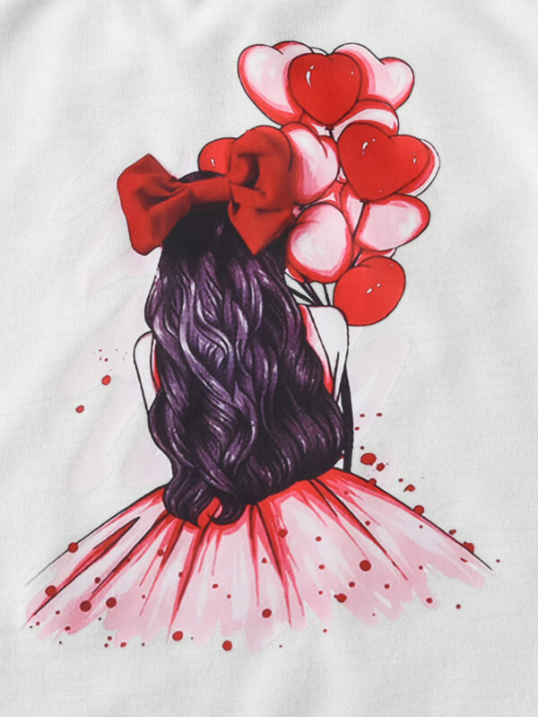 Girls summer short-sleeved T-shirt with girl pattern + red wide pants with ruffles decoration, comfortable and fashionable - Image 4