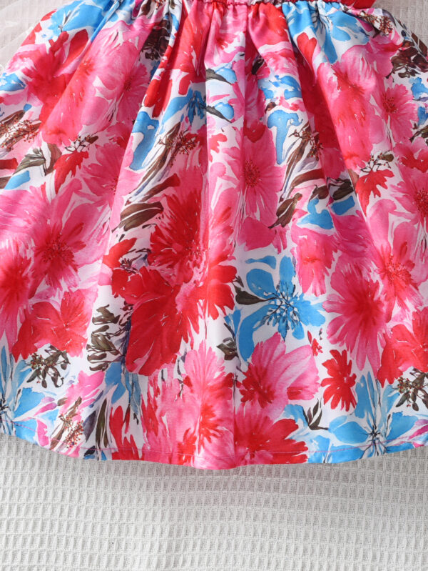 Summer Girls Casual Elegant Contrast Color Random Print Dress Sleeveless Waist Random Flower Print - Image 8
