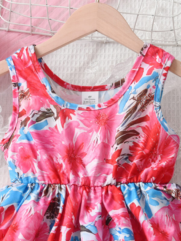 Summer Girls Casual Elegant Contrast Color Random Print Dress Sleeveless Waist Random Flower Print - Image 3