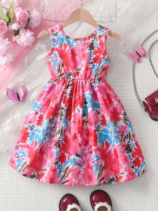 Summer Girls Casual Elegant Contrast Color Random Print Dress Sleeveless Waist Random Flower Print - Image 2