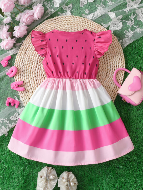 Girls summer cute novel fresh watermelon print striped round neck small flying sleeve elastic waist dress - Image 2