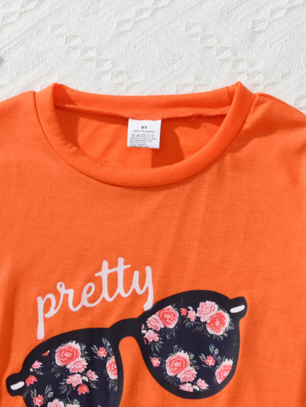 Summer Girls Orange Positioning Pattern T-shirt and Random Flower Print Shorts Casual Suit - Image 3