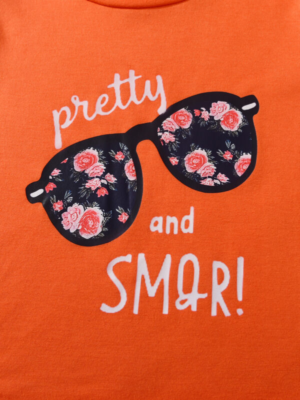Summer Girls Orange Positioning Pattern T-shirt and Random Flower Print Shorts Casual Suit - Image 4