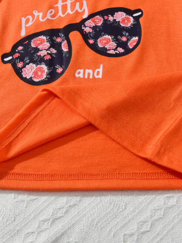 Summer Girls Orange Positioning Pattern T-shirt and Random Flower Print Shorts Casual Suit - Image 5