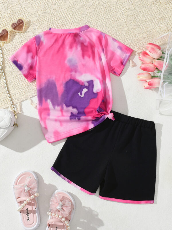 Summer girls tie-dye heart contrast color T-shirt shorts suit round neck tie-dye heart short-sleeved shorts suit - Image 2
