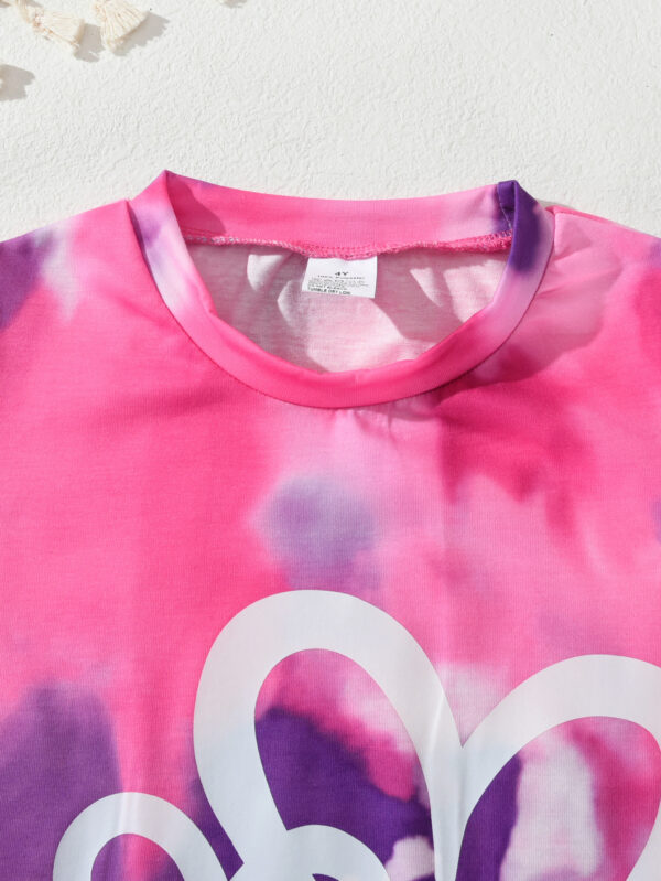 Summer girls tie-dye heart contrast color T-shirt shorts suit round neck tie-dye heart short-sleeved shorts suit - Image 3