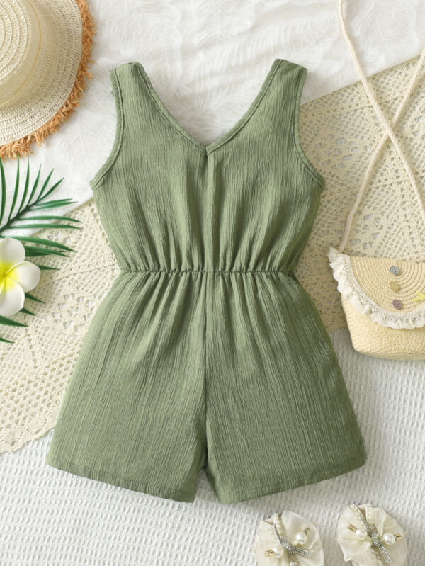 Fashion girls summer jumpsuit V-neck sleeveless waist straps with knots outdoor shorts jumpsuit - Image 2