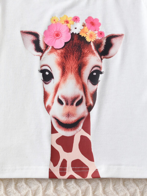 Girls Summer Outdoor Trendy Fashion Trousers Set Cartoon Giraffe Pattern Round Neck Short Sleeve + Slimming Trousers - Image 5