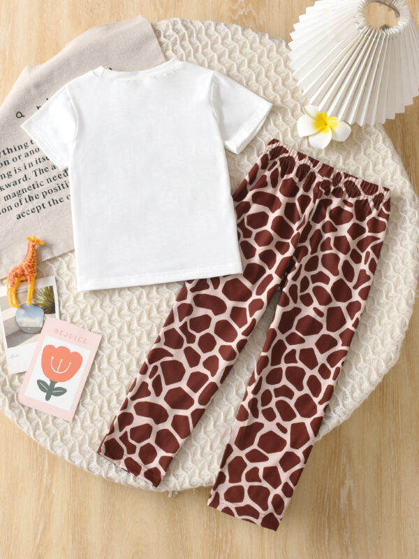 Girls Summer Outdoor Trendy Fashion Trousers Set Cartoon Giraffe Pattern Round Neck Short Sleeve + Slimming Trousers - Image 2