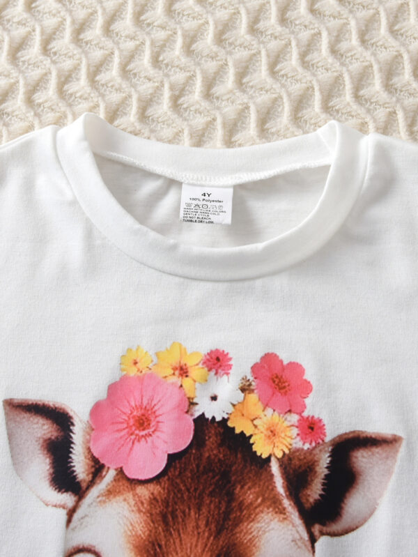 Girls Summer Outdoor Trendy Fashion Trousers Set Cartoon Giraffe Pattern Round Neck Short Sleeve + Slimming Trousers - Image 3