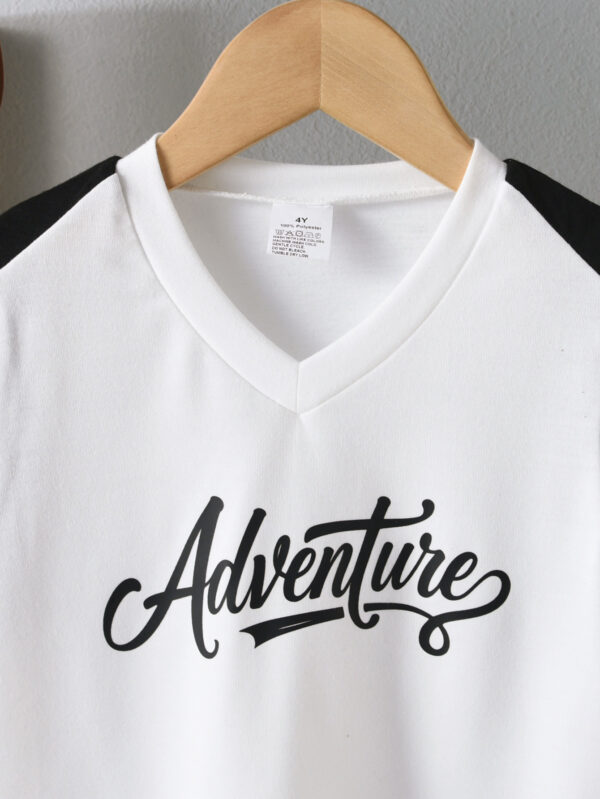 Boys&apos; Summer V-neck Sleeveless Shoulder Stitching Contrast Color Trendy T-shirt White Side Black Stripe Decorative Shorts - Image 3