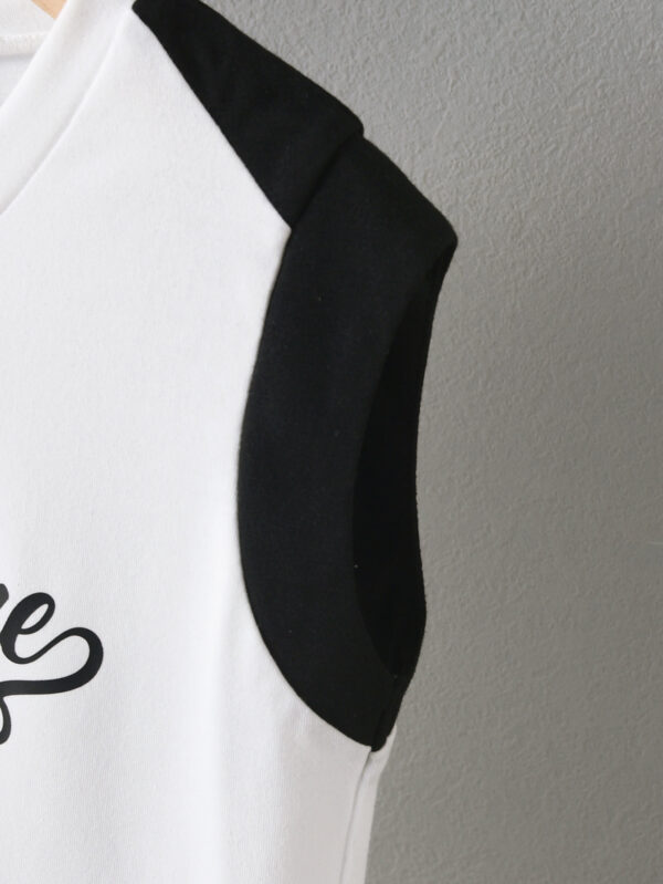 Boys&apos; Summer V-neck Sleeveless Shoulder Stitching Contrast Color Trendy T-shirt White Side Black Stripe Decorative Shorts - Image 6