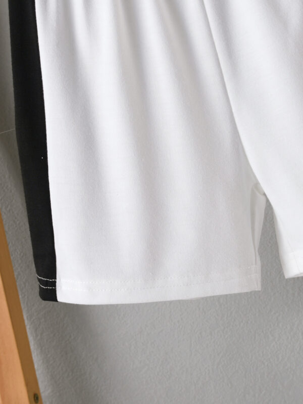 Boys&apos; Summer V-neck Sleeveless Shoulder Stitching Contrast Color Trendy T-shirt White Side Black Stripe Decorative Shorts - Image 9