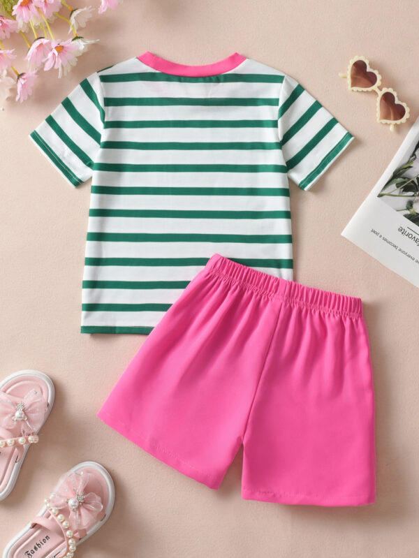 Girls summer trendy round neck short sleeve with horizontal stripes loose breathable T-shirt + shorts set - Image 2