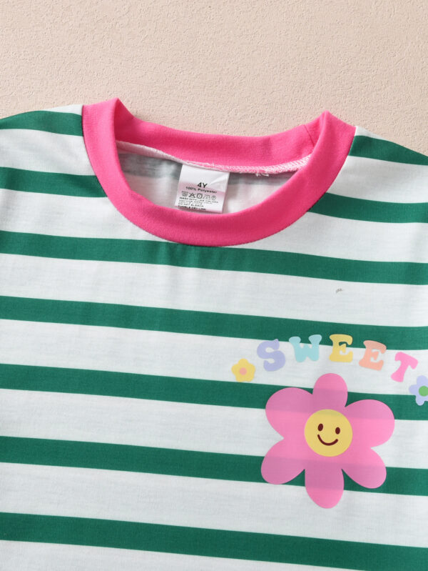 Girls summer trendy round neck short sleeve with horizontal stripes loose breathable T-shirt + shorts set - Image 3