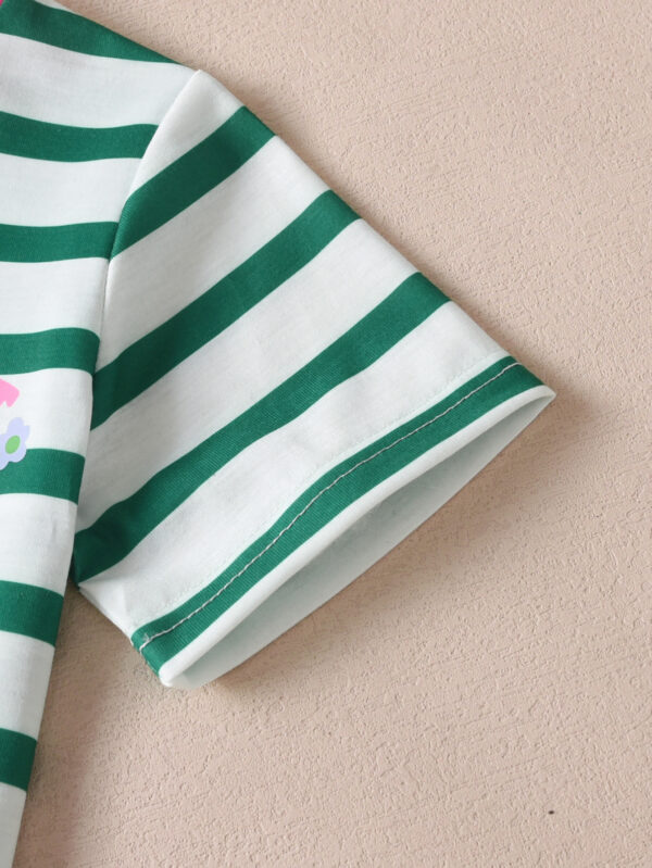 Girls summer trendy round neck short sleeve with horizontal stripes loose breathable T-shirt + shorts set - Image 5