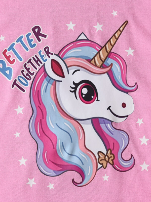 Girls summer trendy pink short-sleeved monologue T-shirt plus pink trousers unicorn pattern suit - Image 5